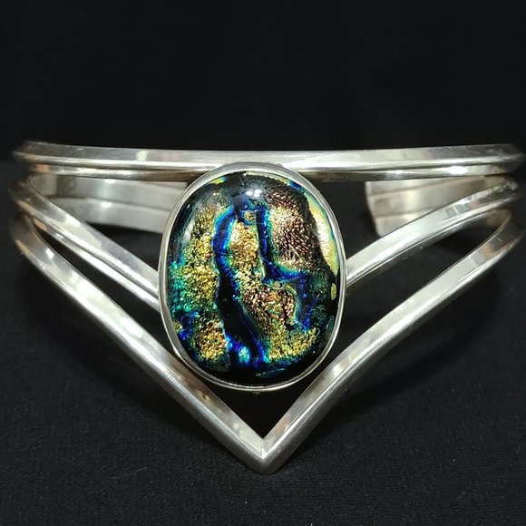 Jaw-Dropping Triple Strand Heavy Gauge 925 Silver Dichroic RULA GLASS Bracelet - Picture 3 of 9